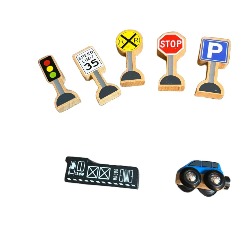Wooden Road Signs and Vehicle Play Set 9 Piece Montessori Toy Train Accessories